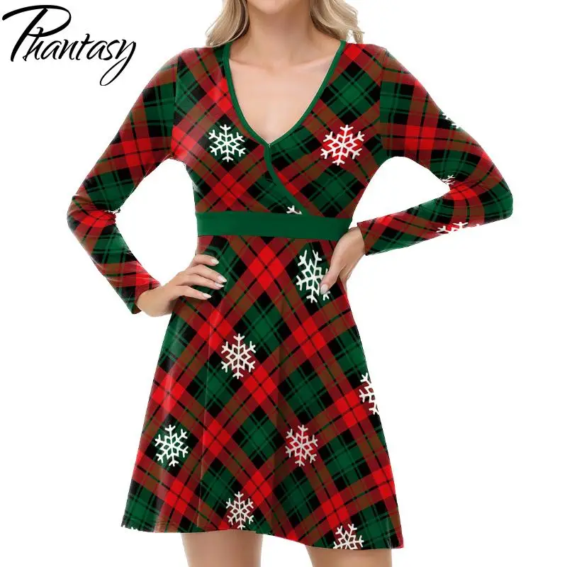 Phantasy Green Vintage Grid Dress V Neck Dress Xmas Party Dress Women Gown Carnival Fancy Nightgown Christmas Tree Outfit