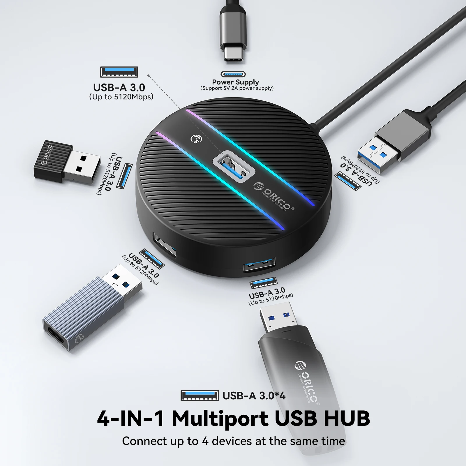 ORICO RGB USB 3.0 HUB USB C 5Gbps Docking Station with Type C Power Port Card Reader SD TF Audio for Laptop Computer MacBook Pro