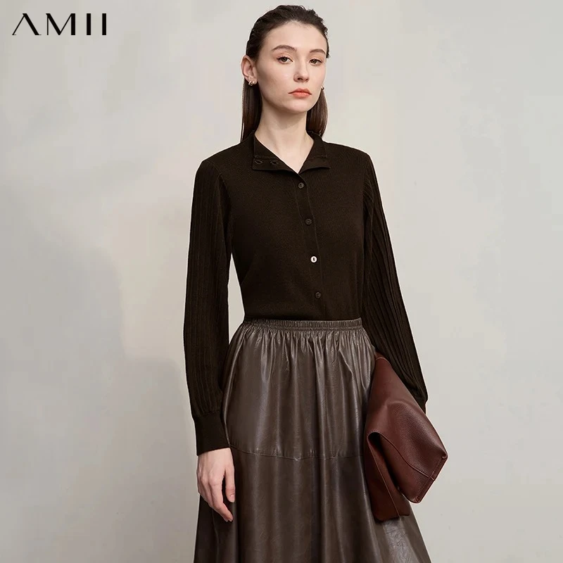 AMII Women's Cardigan Minimalist Half High Collar Cardigans Lady 2026 Autumn New Long Sleeves Slim-fit Female Sweater 12523097