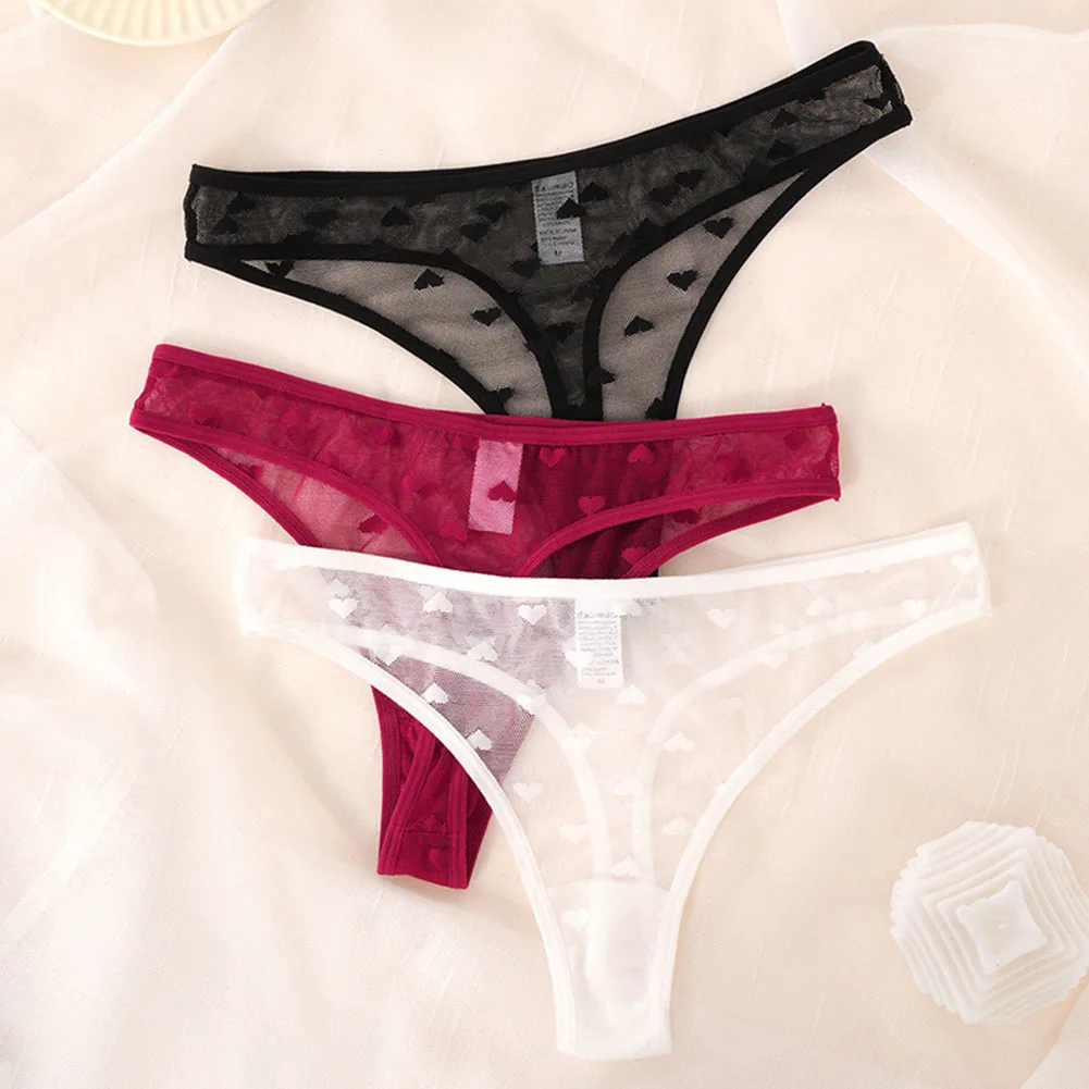 1pc Sexy Sheer Mesh Pantie Cute Heart-shaped Print Briefs Low Waist Fashionable Comfortable Breathable Underwear