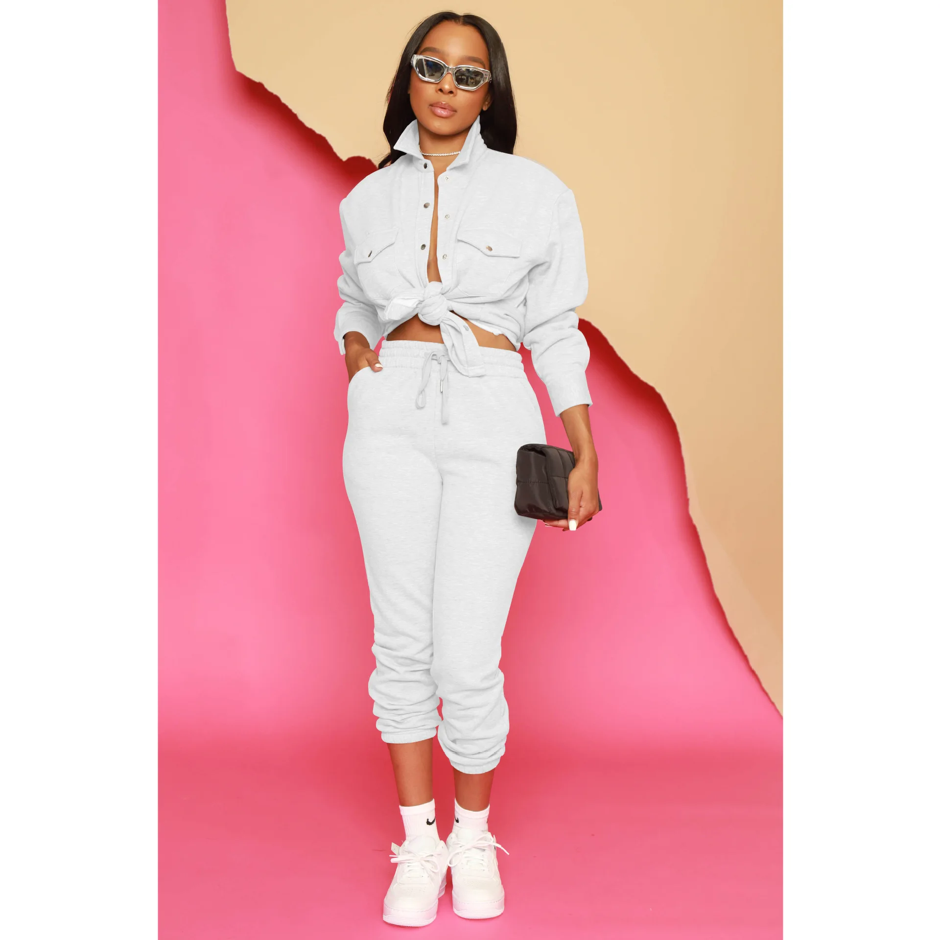 Women Autumn Casual Two Piece Sets Female Long Sleevess Solid Color Slim-Fit Shirt Jacket Tops & Trousers　Pants Suit Outfit