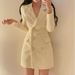 Bouble-Breasted Women Long Tweed Suit Dress Coat Long Sleeve Winter 2024 New Elegant Fashion Vintage Lady Jacket