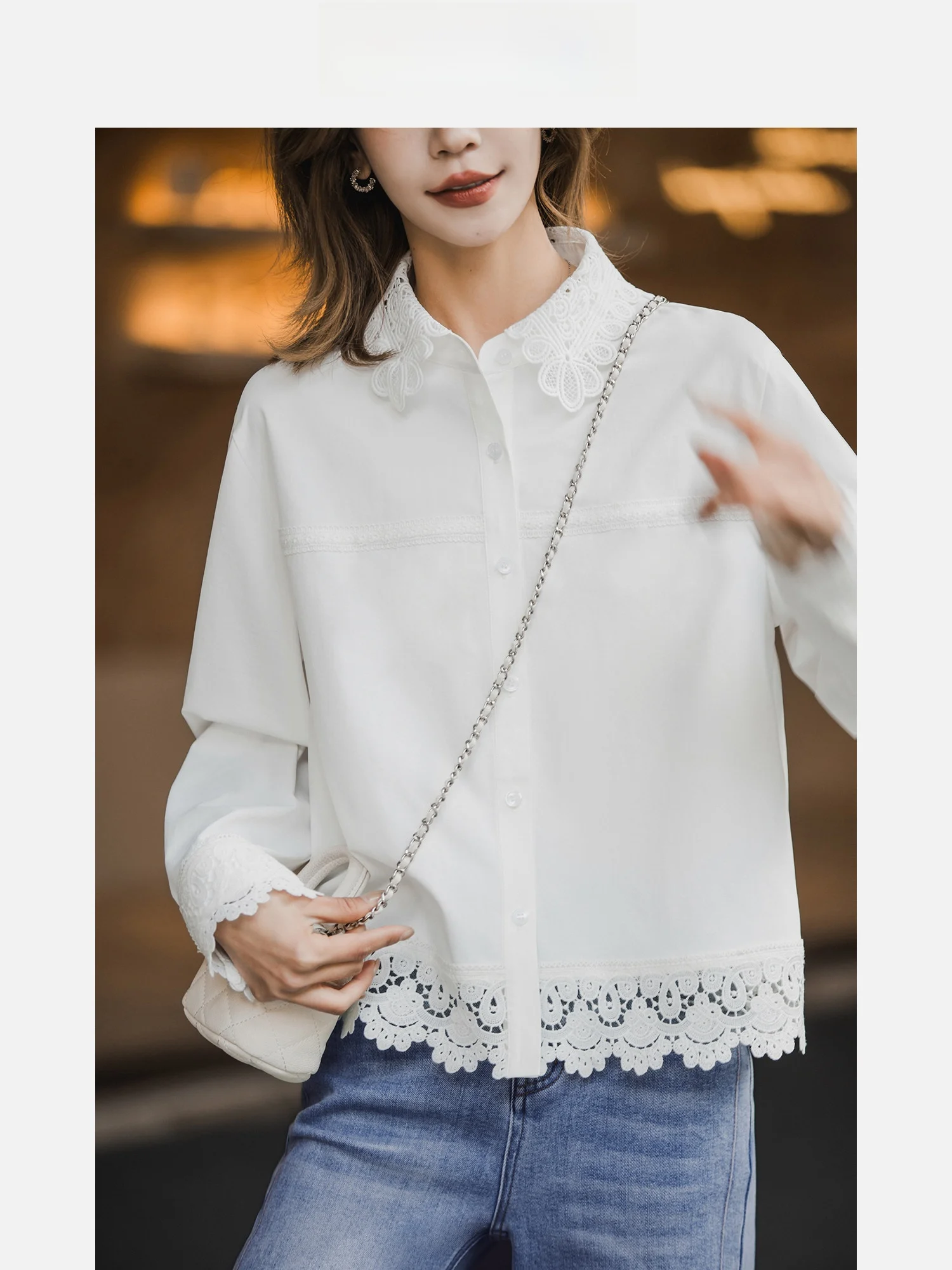 

Elegant Women's White Lace Trim Shirt Hollow out Collar Commute Short Top Open Cardigan Gentle Style Polyester Fiber Long Sleeve