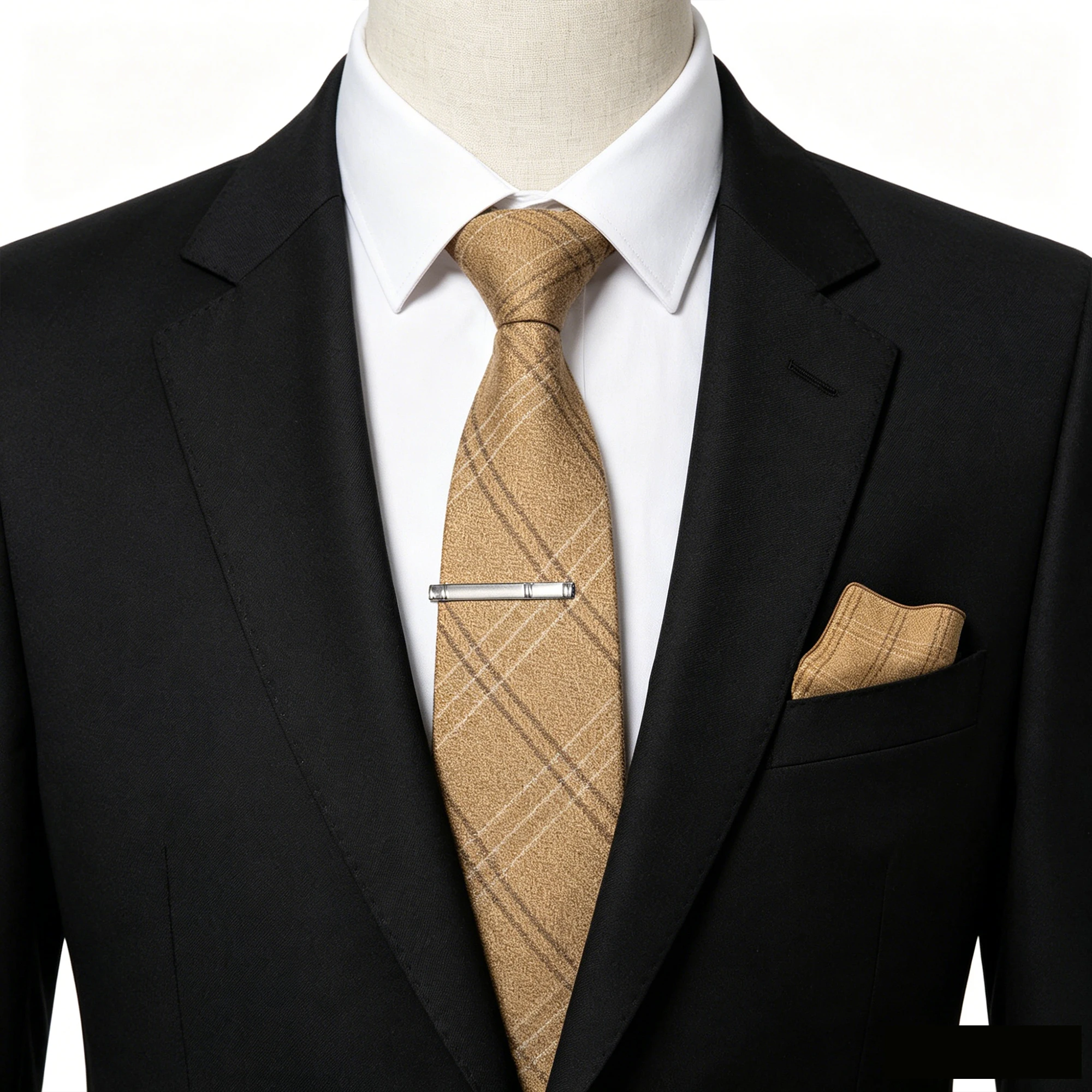 Klassische Wollkrawatte für Herren, braun-grau, gestreift, kariert, einfarbig, Kaschmir-Krawatte, Einstecktuch-Set, Hochzeitsaccessoire, Geschenk – Detail 16