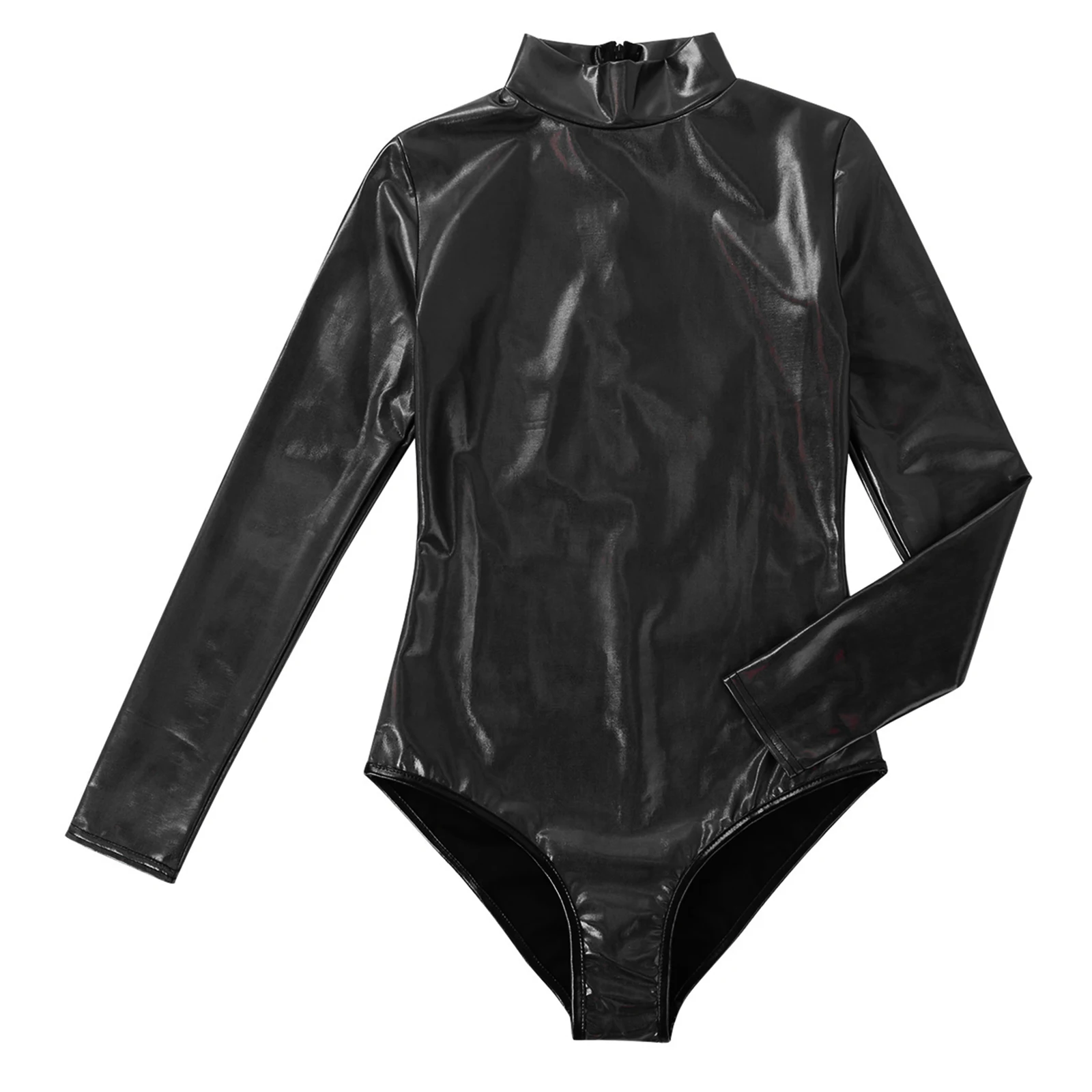 Womens One-piece Swimwear Shiny Metallic Glossy Turtleneck Long Sleeves Ballet Gymnastic Leotards Bodysuits Female Clubwear