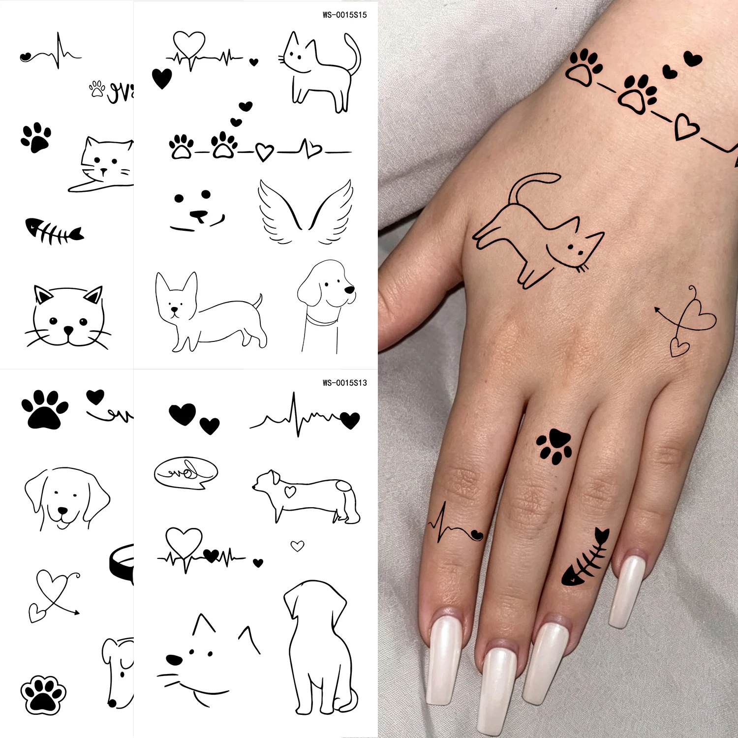 10pcs Cute Cat Dog Tattoo Stickers Black Line Pet Paw Heart Kitten Print Waterproof Fake Tattoos Body Makeup Decoration Tattoo
