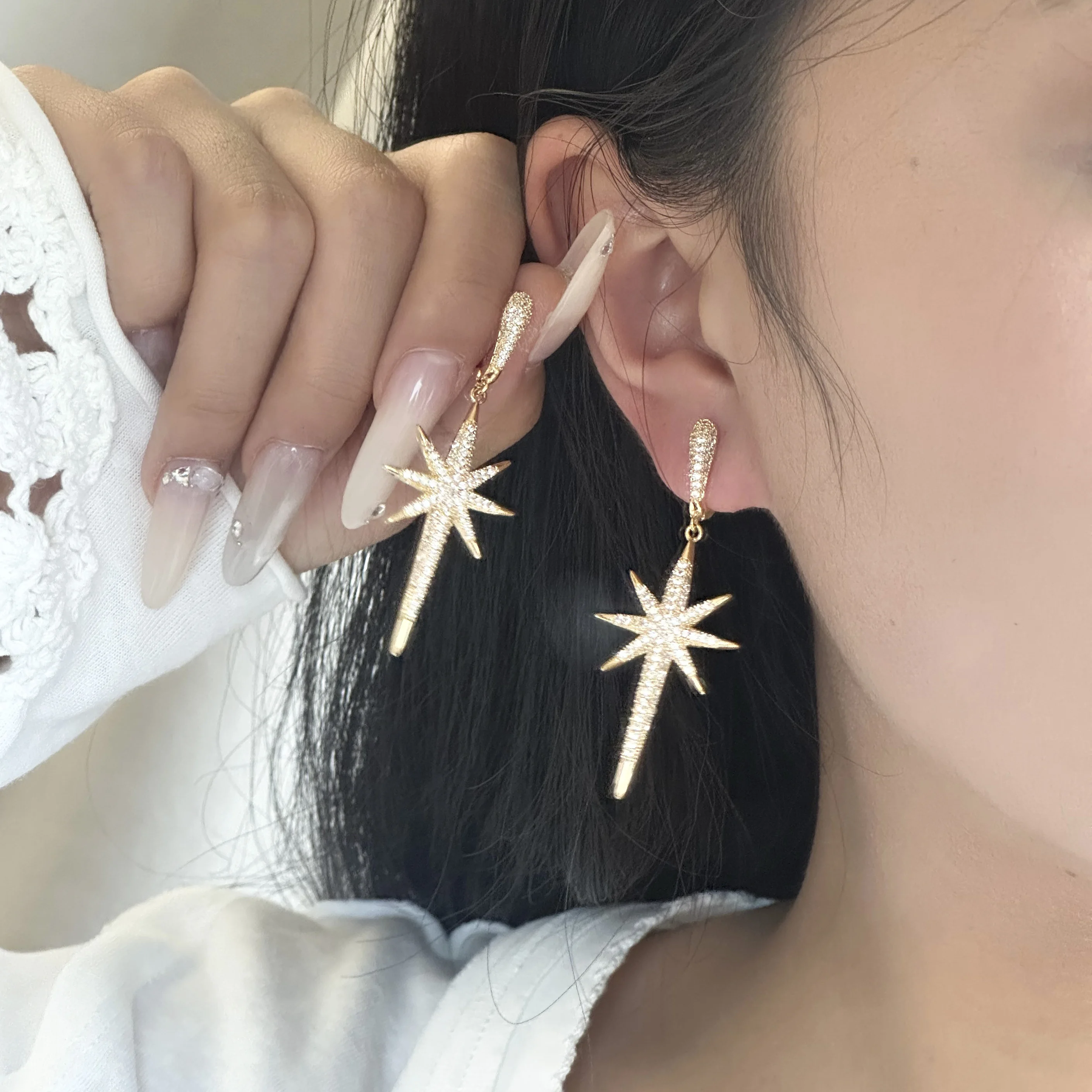 North Star Pave CZ Leverback Drop Earrings, Long Octagram Crystal Dangle Statement Earrings For Wedding Bridal Evening Party