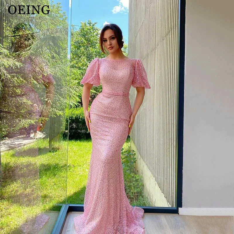 

OEING Shiny Pink Prom Dress Elegant Puff Sleeves Mermaid Floor Length Evening Dresses Formal Occasion Gown Vestidos De Novia