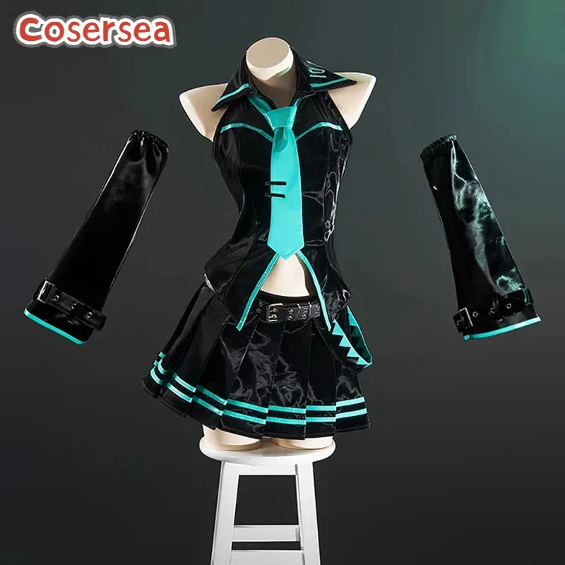 

Cosersea Vocaloid 16th Anniversary Cosplay Costume Role Play Women Black PU Leather Dress Halloween Uniform Party Outfit Fullset