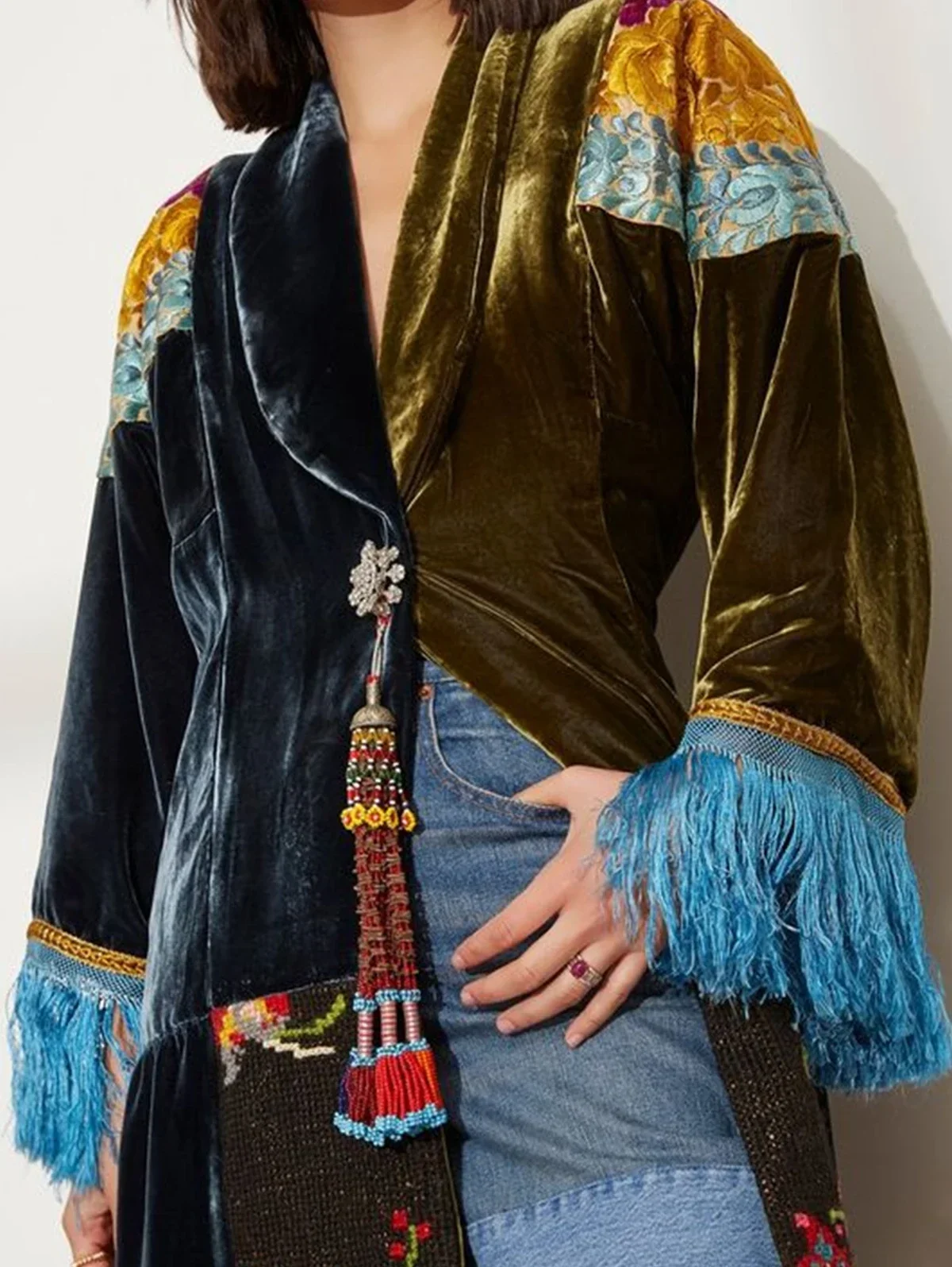 Plus Size Fashion Women Contrast Color Jacket Ethnic Pattern Print Patchwork Velvet Shawl Square Collar Tassel Long Sleeve Coat