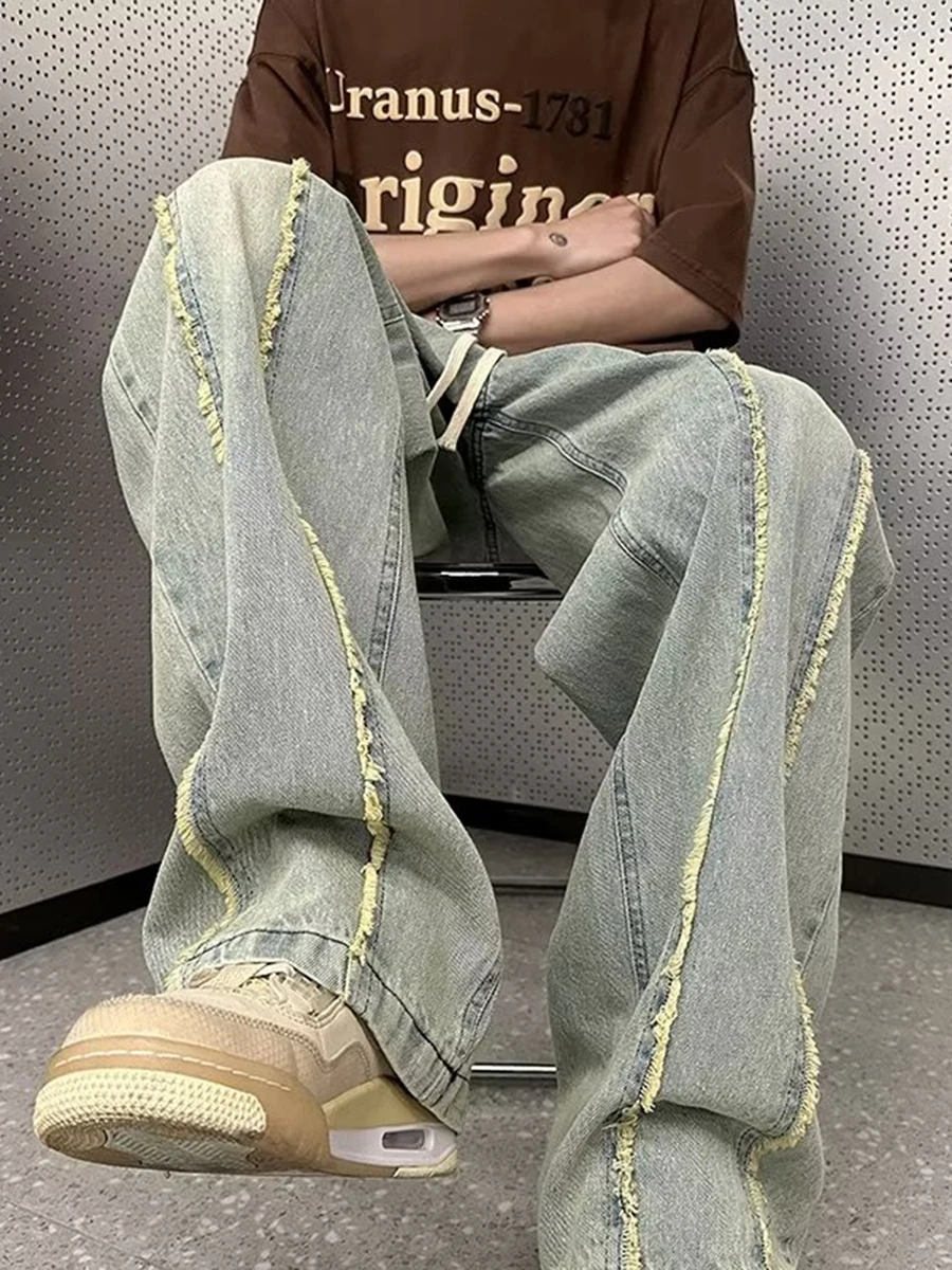 

Мужские джинсы в американском стиле ретро, винтажные прямые брюки с завышенной талией, свободный крой, широкие длинные брюки, осенний тренд, уличный Sle