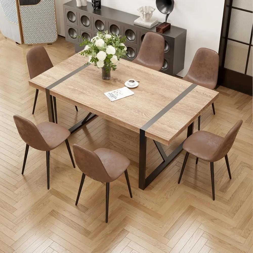 

7 Piece Dining Table Set for 6,Modern 71'' Rectangle Wood Dining Table and Fabric Dining Chairs 6,Ideal for Kitchen Room