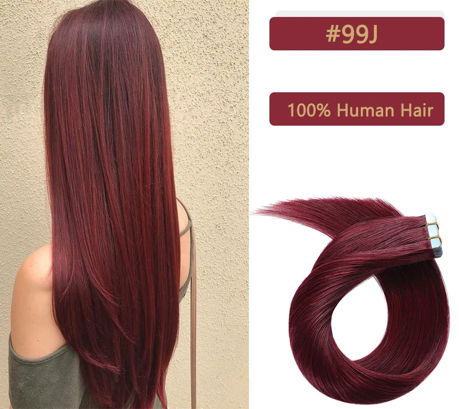 Cinta en extensiones de cabello humano para mujer, extensión de cabello sin costuras, trama de piel, 100% Real, Remy, Borgoña, 20 unids/lote por paquete