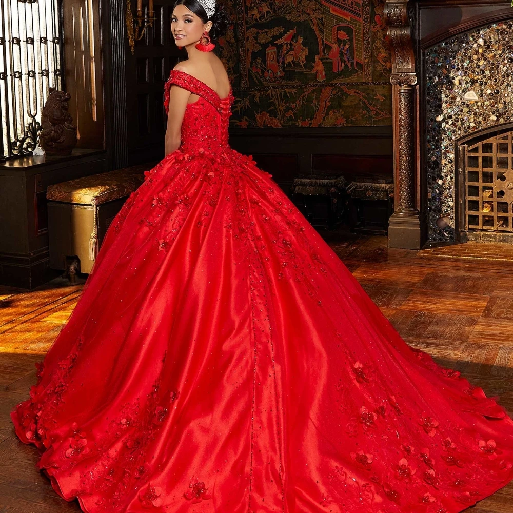 EVLAST Customized Mexico Red Quinceanera Dress Ball Gown 3D Floral Applique Beading Corset Sweet 16 Vestidos De 15 Años TQD145