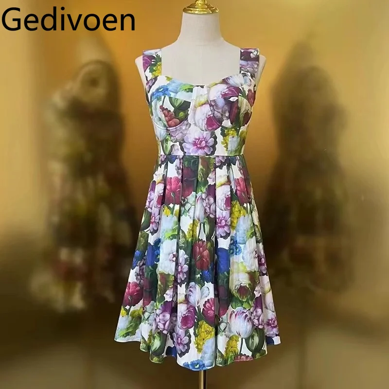 

Gedivoen New 2024 100% Cotton Dress High Quality Strapless Flower Sicily Floral-Print Fashion Runway Women Dresses