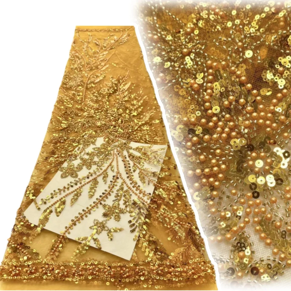 

New African Lace Fabric 2025 High Quality French Net Embroidery Luxury Beaded Lace 5 Yards for Wedding Evening Party CC1126