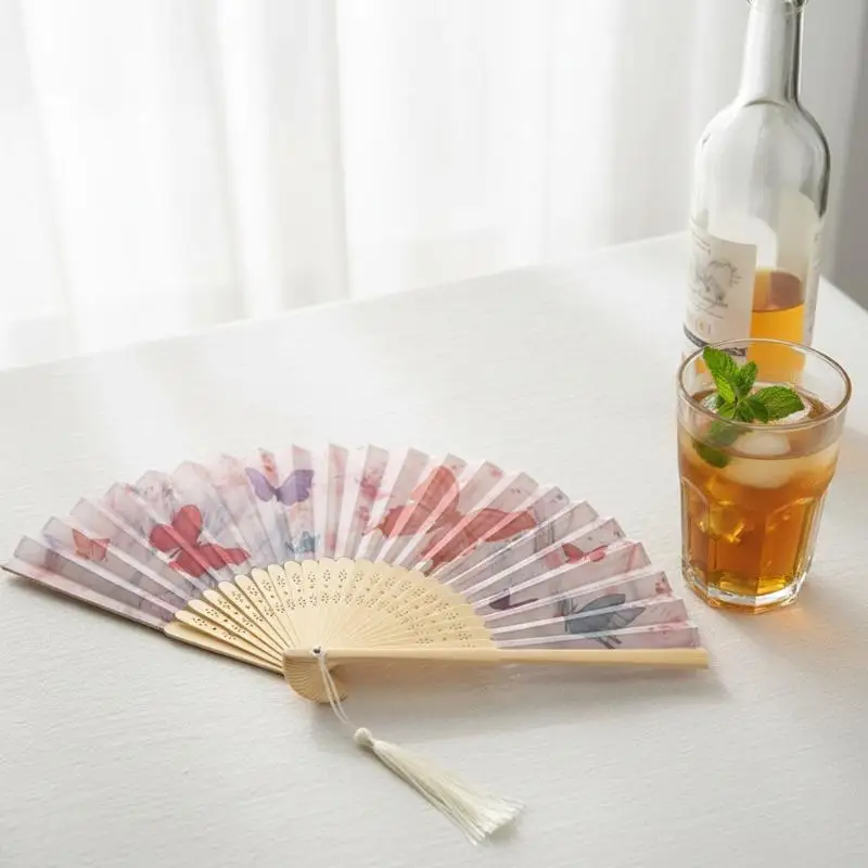 New！Colorful Butterfly Floral Folding Fan Chinese Style Hand Held Fan With Tassel For Wedding Dance Summer Cooling Home Decor