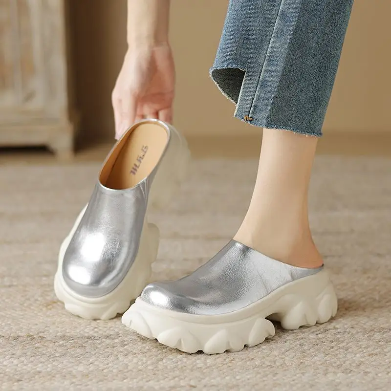 Krazing Pot Mules Full Grain Leather Summer Slip On Round Toe Thick High Heels Silver Color Women Fashion Cozy Outside Slippers