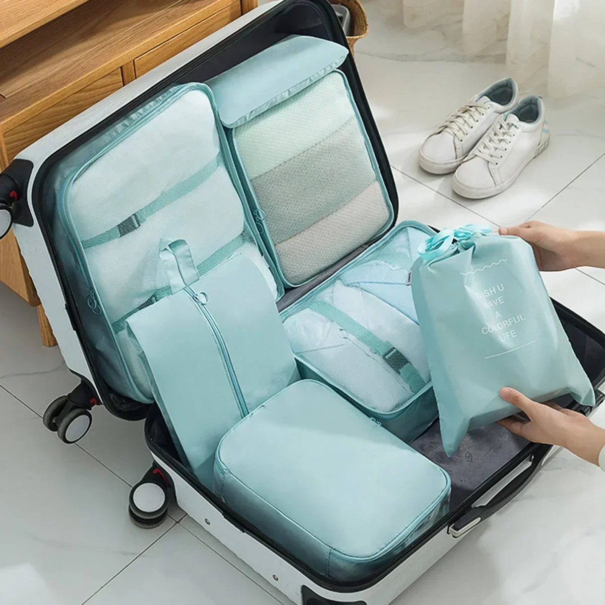 7 قطع مجموعة أكياس تخزين منظم السفر حقيبة مكعبات التعبئة مجموعة حقائب الأمتعة المحمولة الملابس الأحذية مرتبة الحقيبة قابلة للطي.-zmt