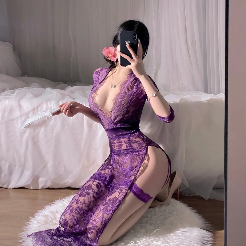 セクシーなローカットシースルー衣装レースハイスプリットエンドエロ下着スリムフィット空の寝間着女性の倫理的なロングドレス
