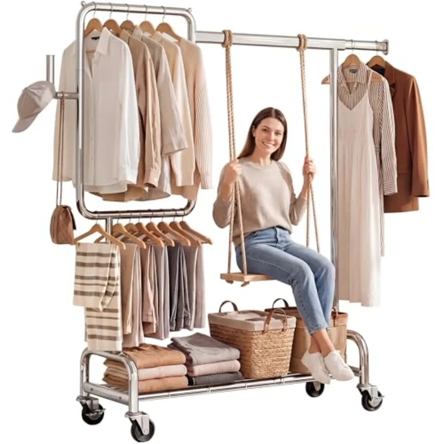 

Heavy Duty Partitioned Clothes Rack 460 LBS Load Metal Garment Rack with Shelves and Lockable Wheels Rolling Hanging Rack for B