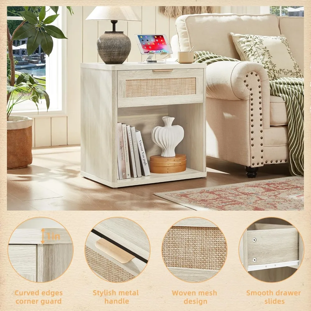 منضدة الروطان المزدوجة على الطراز البوهيمي مع شحن وتخزين لغرفة النوم باللون الرمادي والأبيض