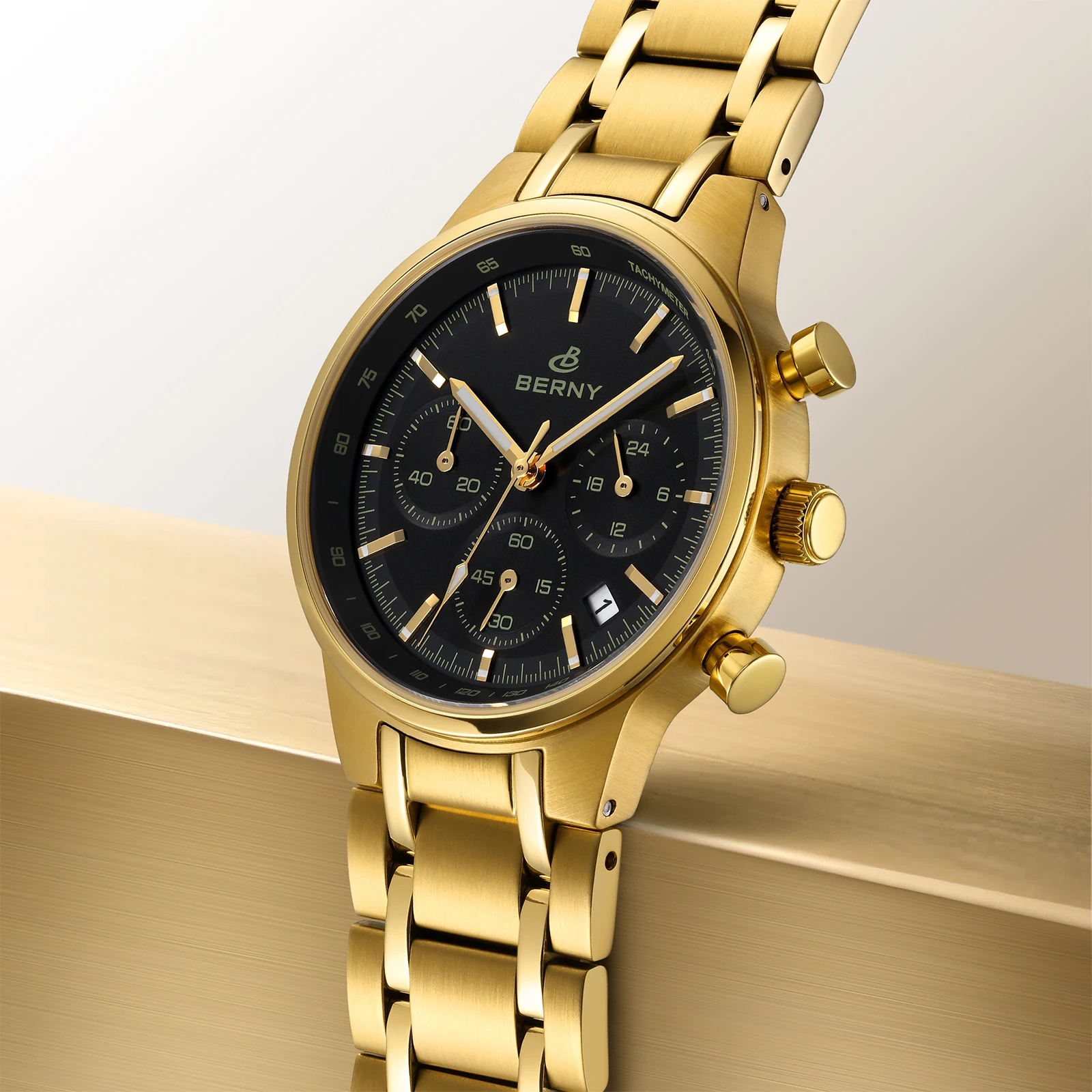 BERNY Top Gold Chronograph Watch for Men Panda Dial Quartz Sport Speed Fashion Sapphire Stainless Steel Waterproof Men's Watches