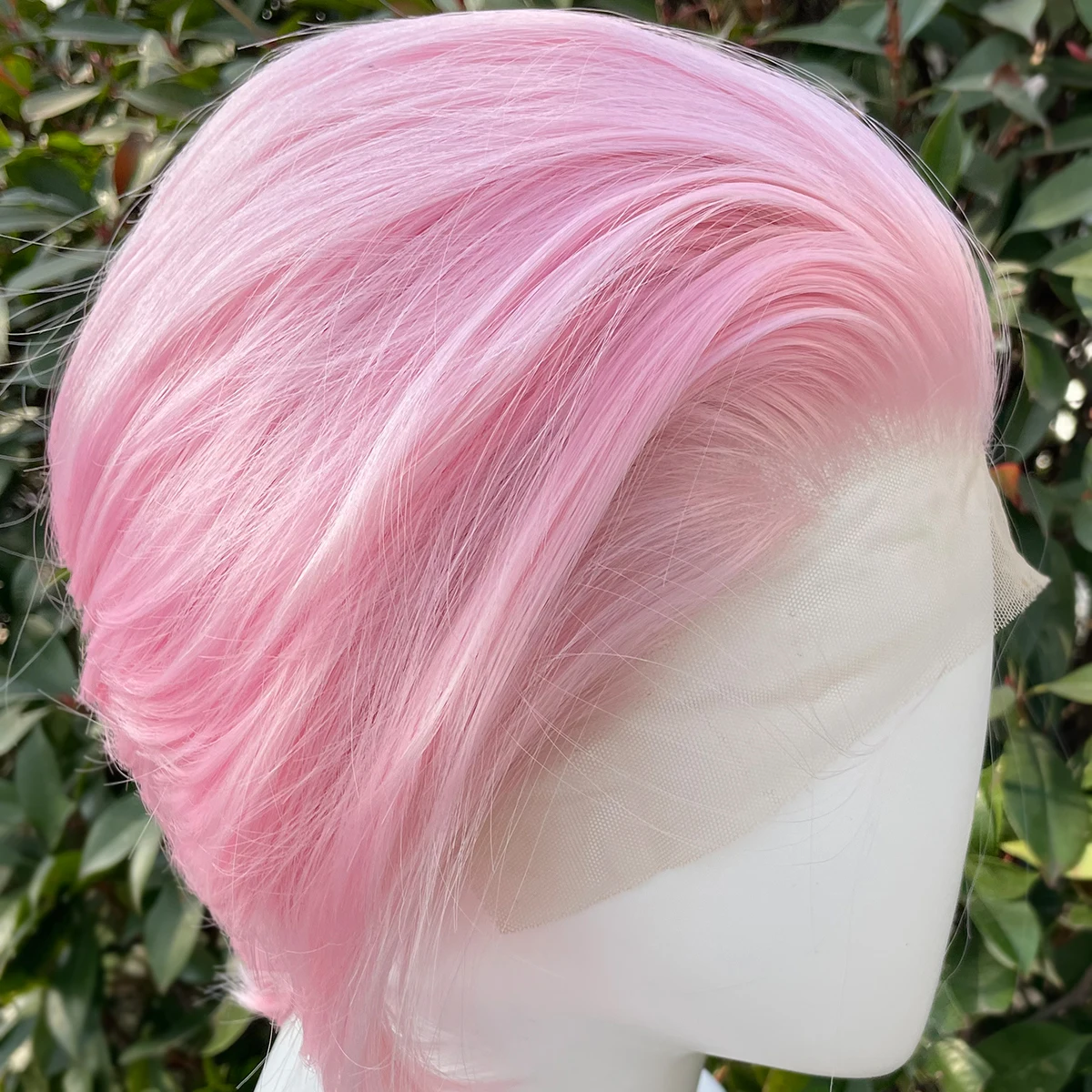 Perruque Lace Front Wig synthétique sans colle, cheveux courts, rose clair, 13x4, coupe Bob, cosplay, pour femmes et hommes, 150%