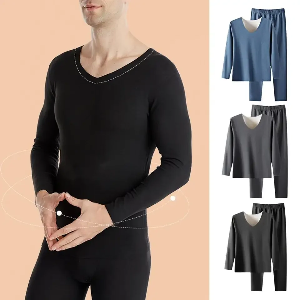 Winter Long Johns Sets Men's Thick O-neck Keep Warm Tops + Pants Set Fleece Comfortable Soft Thermal Underwear Set Base Layer