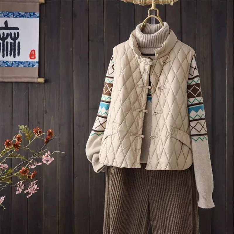 

Women's Light Down Cotton Padded Jacket Vest Autumn Winter Buckle Stand Collar Shawl Rhombic Casual Cotton Coats Female Tops