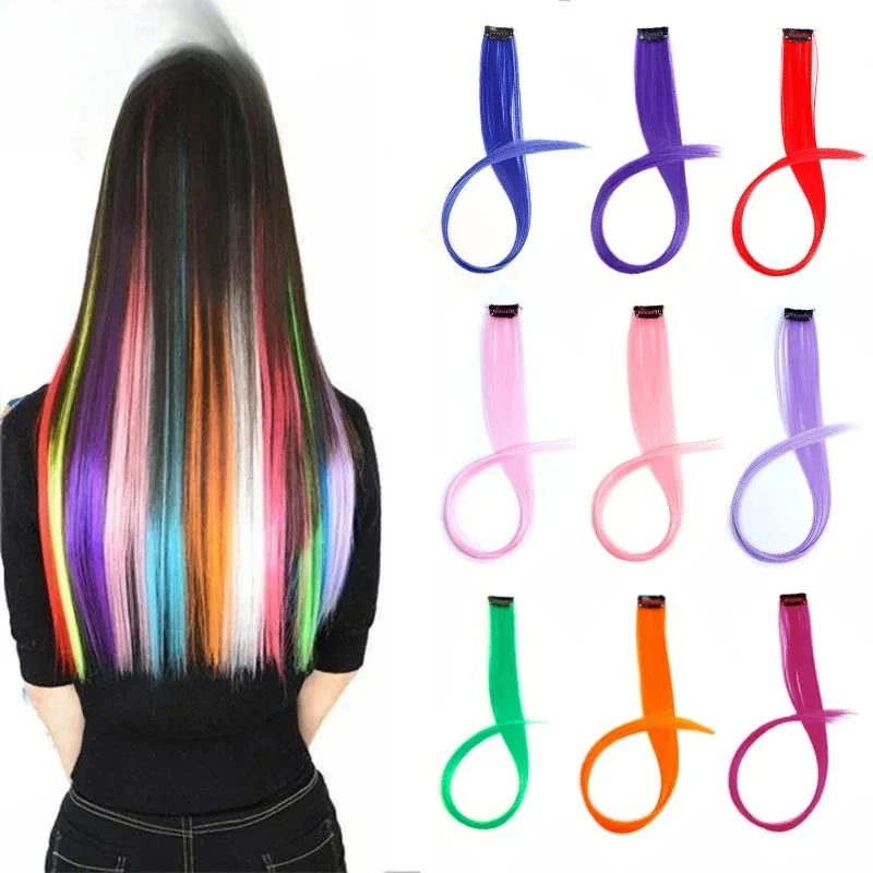 وصلة شعر صناعية طويلة مستقيمة من ويغسين، قطعة شعر ملونة بألوان قوس قزح أرجواني وأحمر وأزرق للنساء #1
