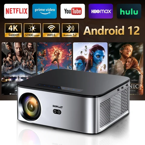 Projetor Android HORLAT 1600 Ansi Lumens para Uso Externo, Beamer Full HD 1080P, Projetor WiFi 4K para Filmes 3D e Dispositivos de Jogos para Home Theater