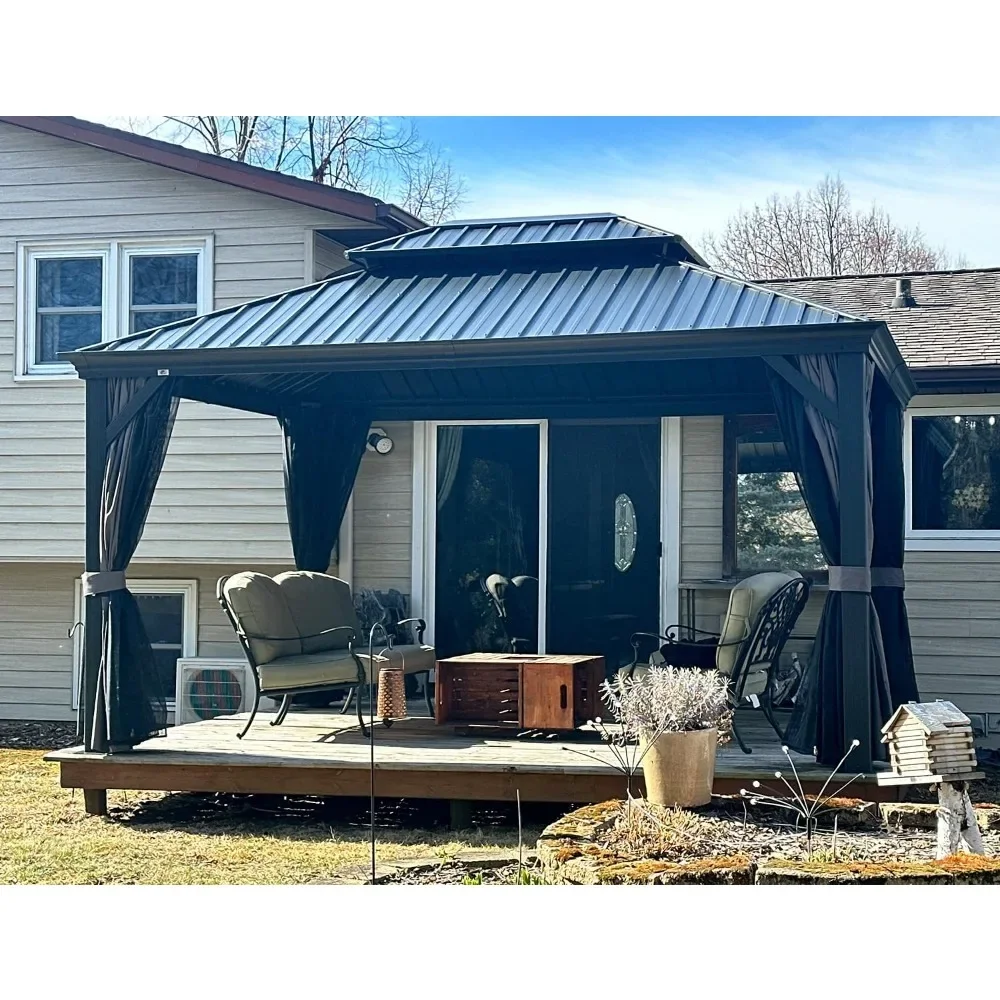 10' X 13' Hardtop Gazebo ,with Galvanized Steel Double Roof for Patio Lawn and Garden, Netting Included, Outdoor Aluminum Gazebo