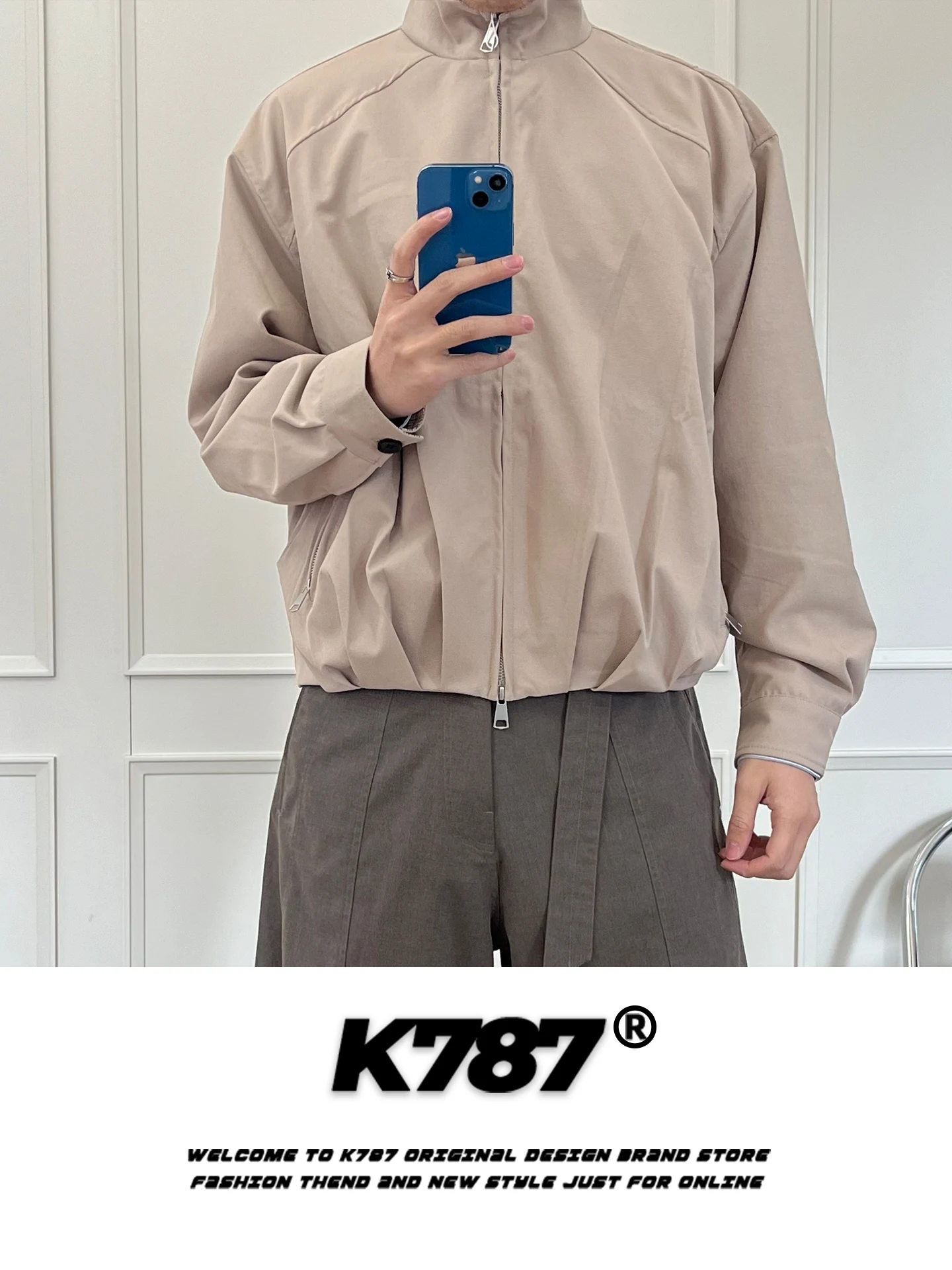 

K787 American Retro Plaid Stand Collar Jaet Men's Loose Casual Pure Color Zipper Pilot Jaet Youth ular Spring Outerwear