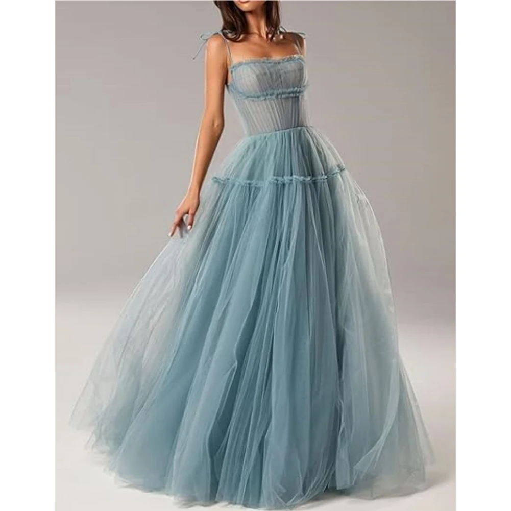 

Womens Tulle Spaghetti Straps Prom Dresses A-Line Long Ball Gown Pleated Puffy Bridesmaid Dress Formal Evening Party Gowns