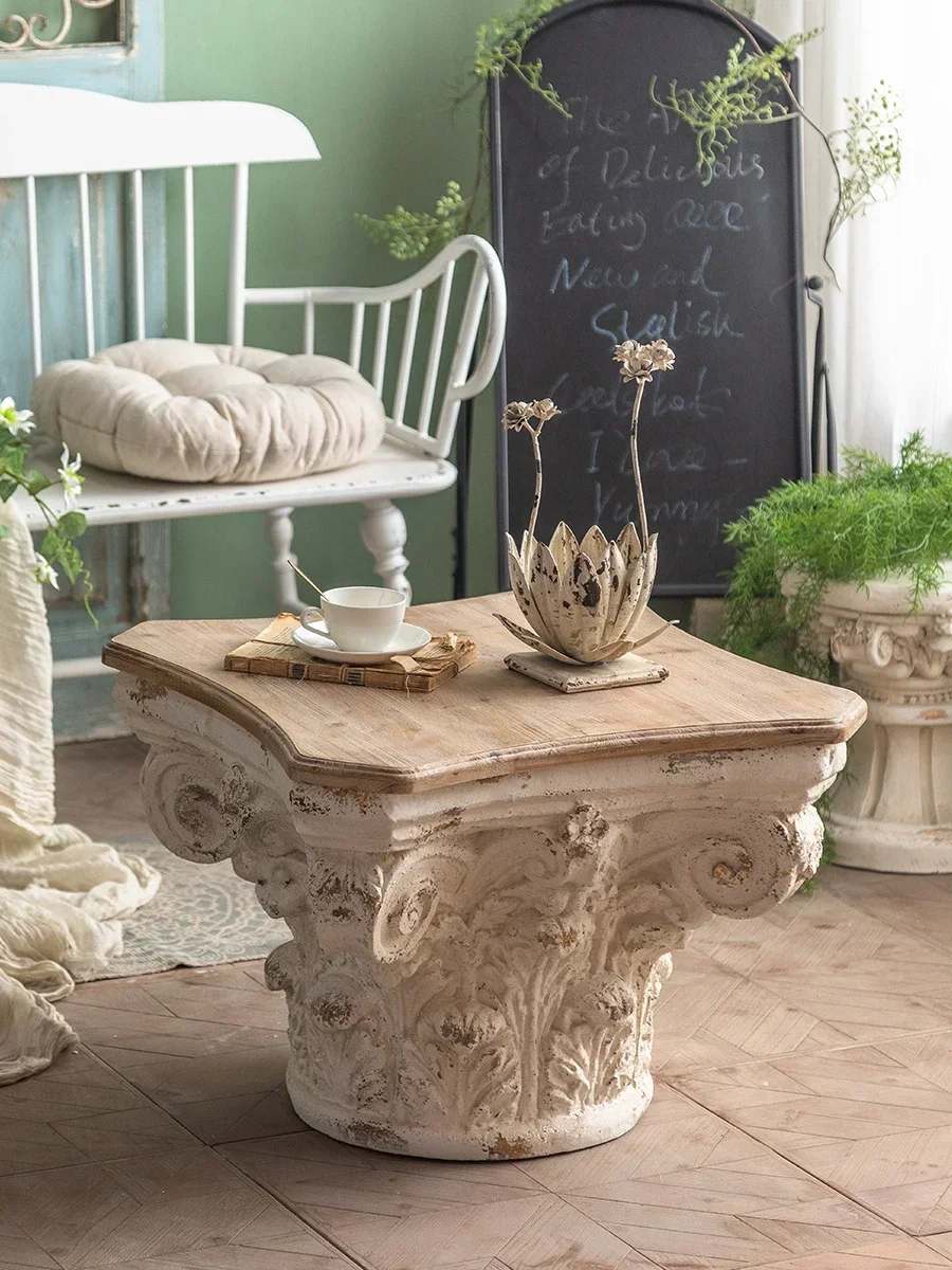 

French white retro old Roman column, living room coffee table side table corner few home decoration window small ornament
