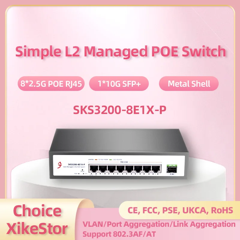 XikeStor Simple L2 Managed POE Switch 8 Ports 2.5G POE RJ45 1 Port 10G SFP+ WEB Ethernet Switch Support VLAN/Port Aggregation