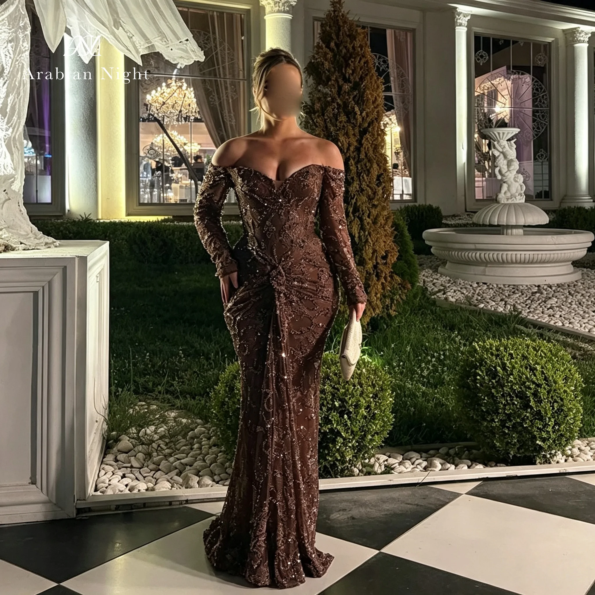 Arabian Night Customized Brown Evening Dresses Lace Sequined Mermaid Prom Dress Plus Size Luxury Party Gown Vestidos De Fiesta