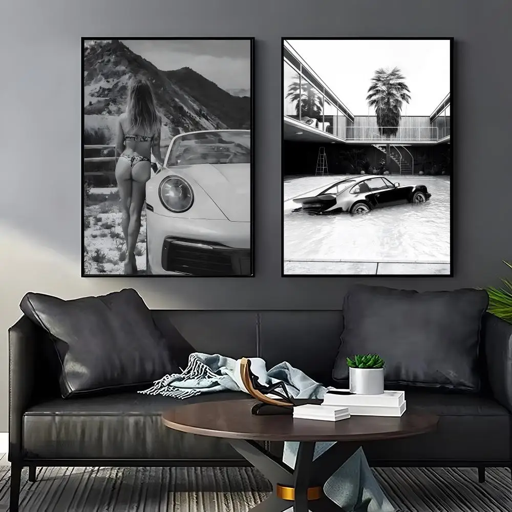 Black White Luxury Sports Car Painting Calligraphy Premium Cotton Canvas Wall Art Poster HD Scratch Resistant Perfect Gift