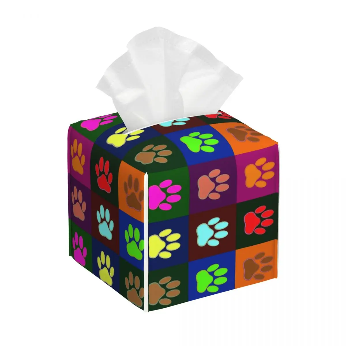 Custom Colorful Paw Prints In Squares Tissue Box Cover Square PU Leather Pretty Dog Lover Feet Facial Tissues Holder for Home