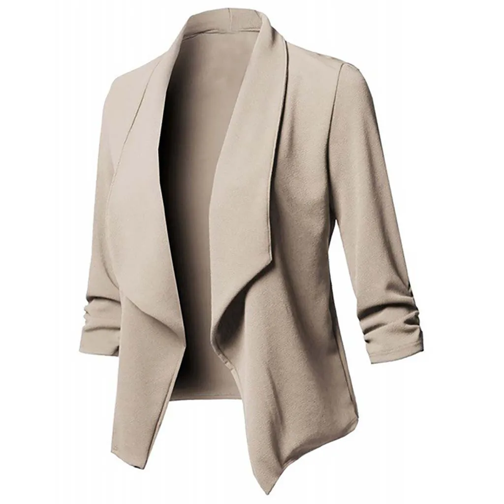 Business Women Fashion Office Wear Open Blazer Coat Vintage Long Pleated Sleeves Flap Pockets Female Outerwear Chic Tops