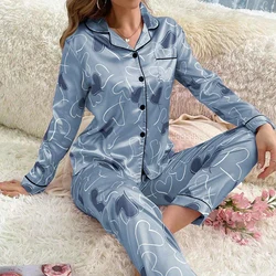 Pajamas For Women Satin Long Sleeve Lapel Sleepwear Pajama Pants Home Clothes Heart Printed Nightwear Pyjama Femme Lounge Pj Set