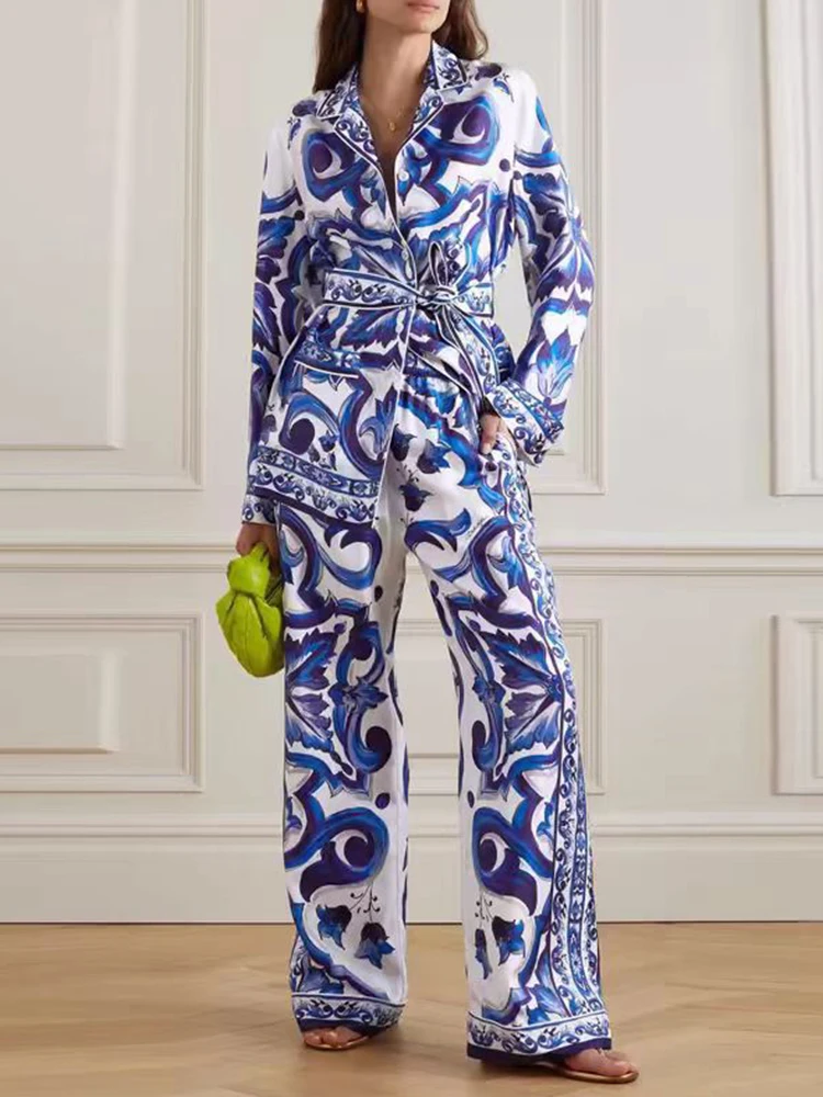 

Pajama style retro geometric print tie waist-cinching loose shirt two-piece set 2025 Autumn Women's wear + wide-leg pants set