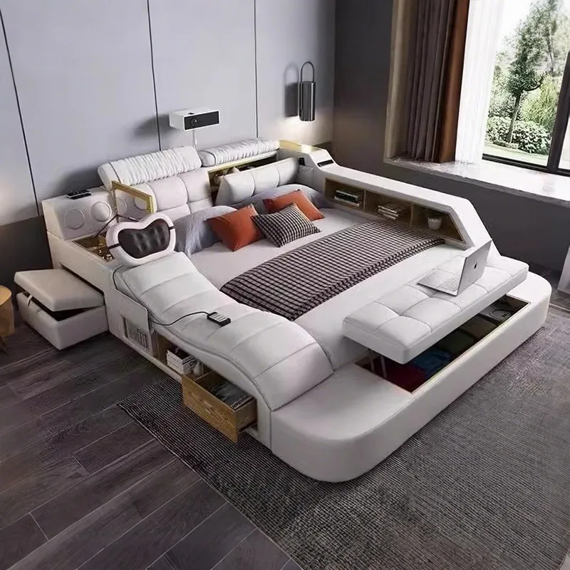 Multifunctional tatami bed master bedroom modern simple massage leather double bed smart