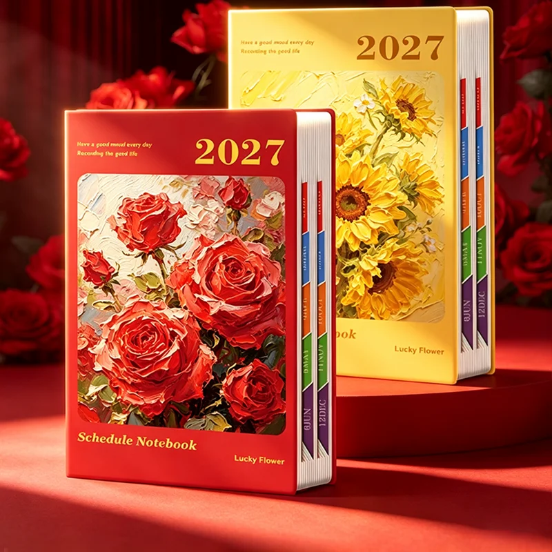 2027 A5 Dated Planner Notebook with Vintage Oil Painting of Rose & Sunflower Monthly Schedule And To-Do List Diary
