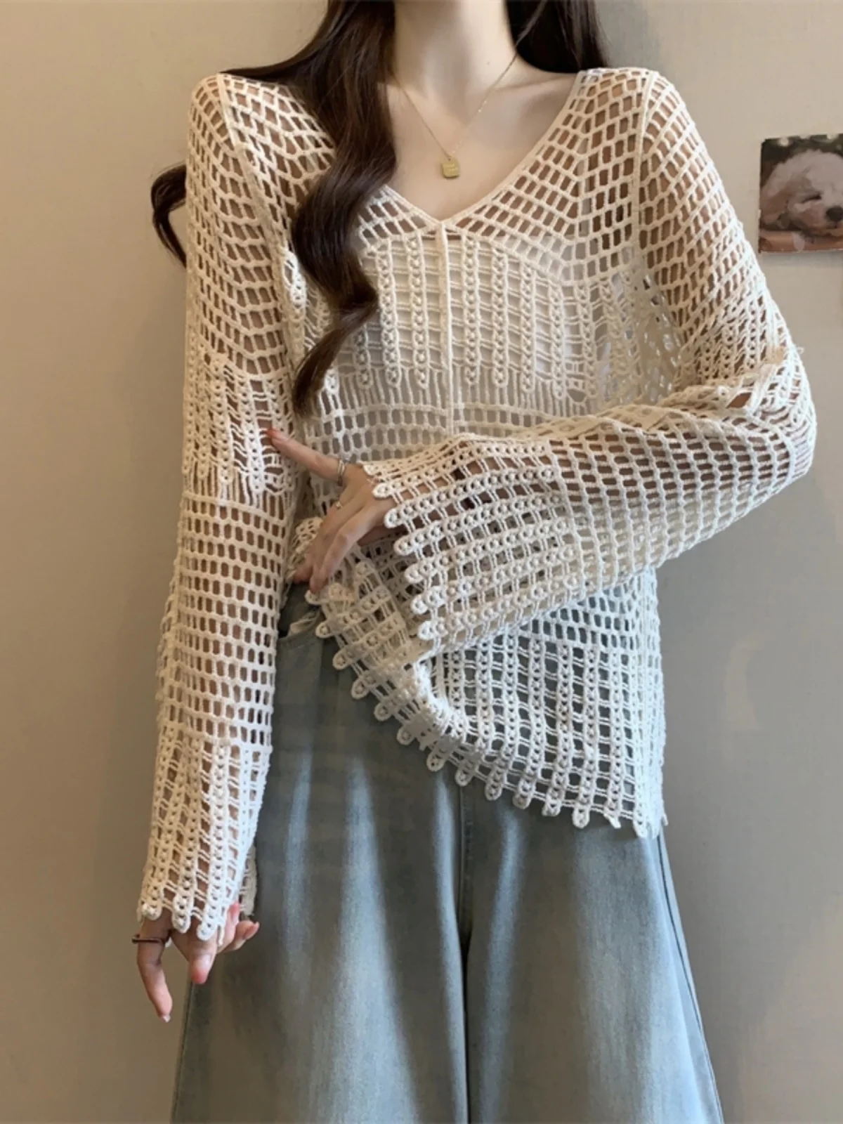 Early Autumn Hollow out Long Sleeve Knitted Sweater Women's plus Size Transparent V-neck Korean Style Loose Fit Comfortable Soft