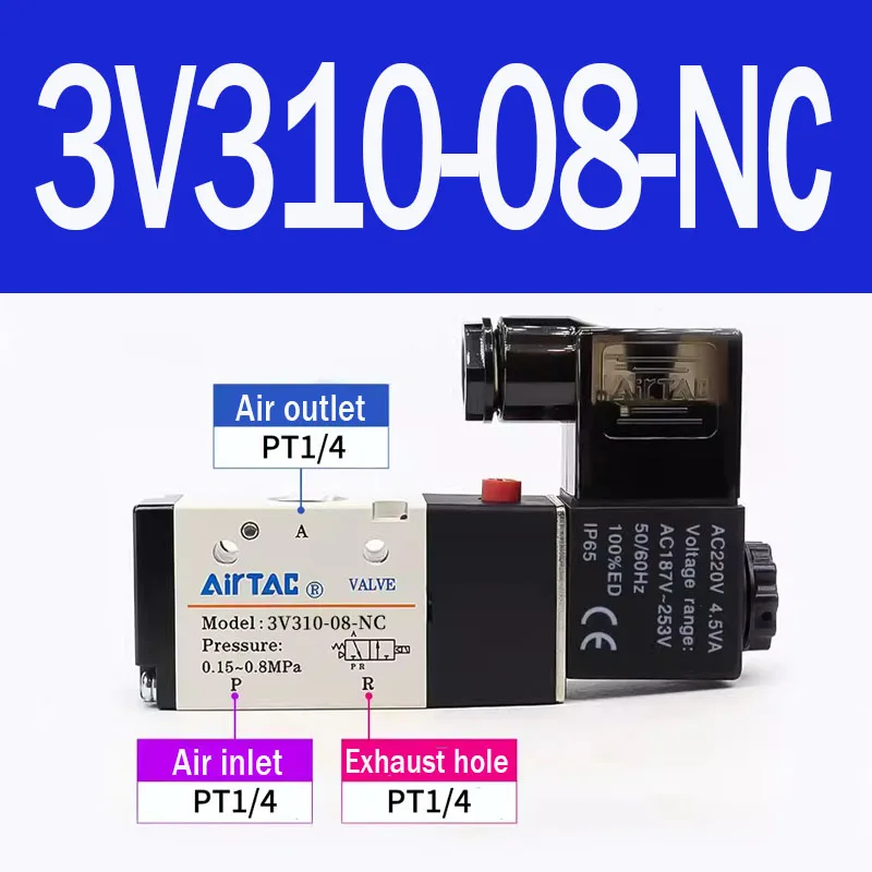 AirTAC Originele Pneumatische Solenoidklep 3V110-06 3V210-08 3V310-10 3/2-weg Richtingsklep Luchtregelklep AC DC12 24 110 220V