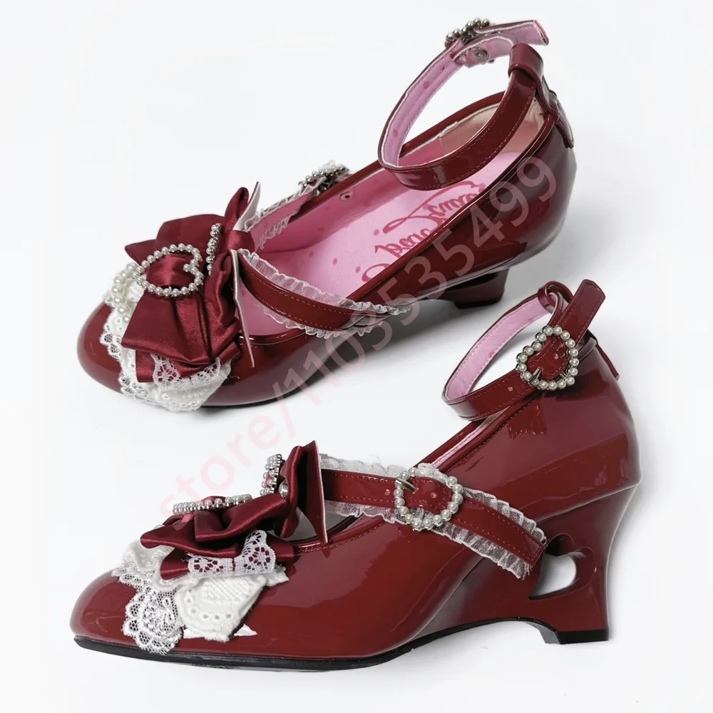 

Patent Leather Heart Bow Lace Women's Lolitas 2025 New Round Toe Weird Heel Sweet Pumps Fashion Party Princess Style Mary Janes