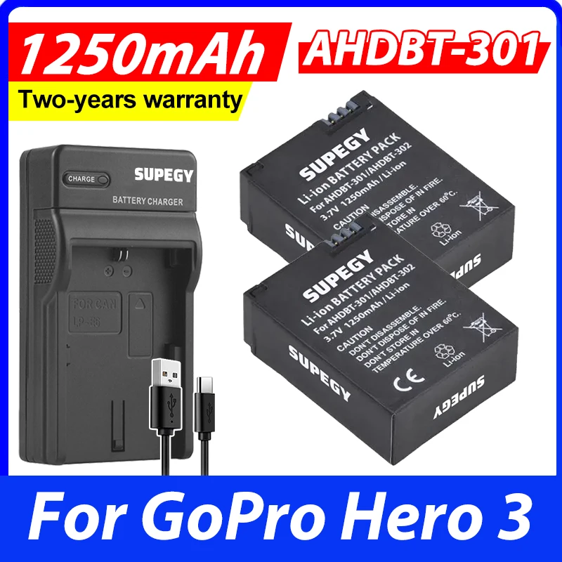 2Pcs AHDBT-301 Battery Bateria + USB Dual Charger for GoPro Hero3 Hero3+ hero 3 hero 3+ Black Camera Batteries