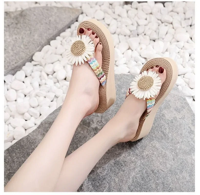 Women's Slippers and Ladies Sandals on Beach Kawaii Shoes Open Toe Outside Slides Wedge Heel Cute Flower Thick Offer H Sandal Y